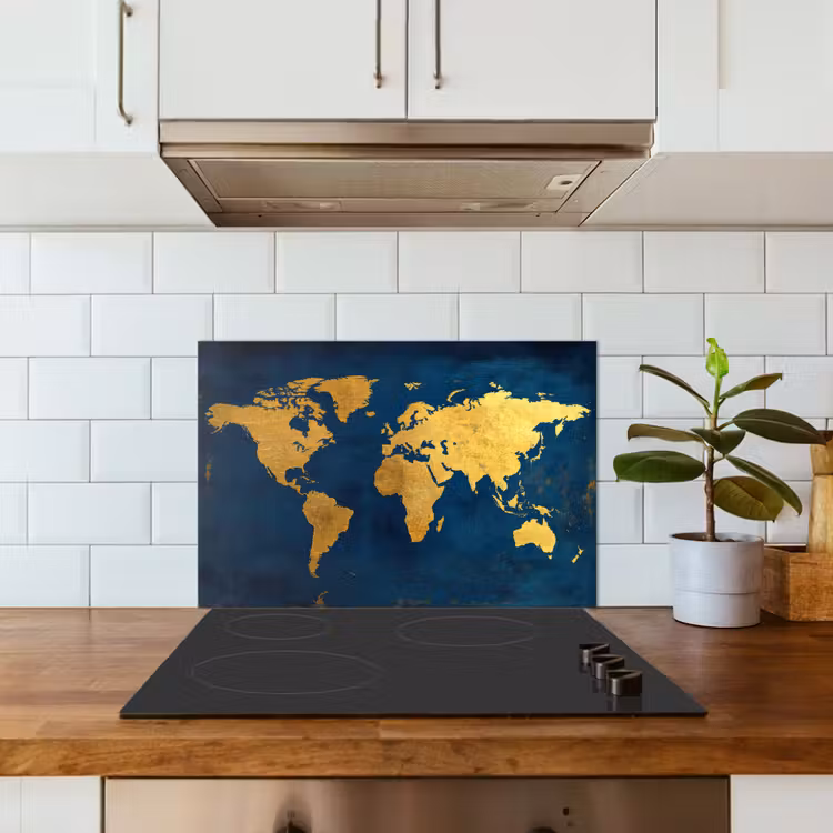 Wereldkaart - Goud - Donkerblauw keuken achterwand spatscherm klein -sfeer2