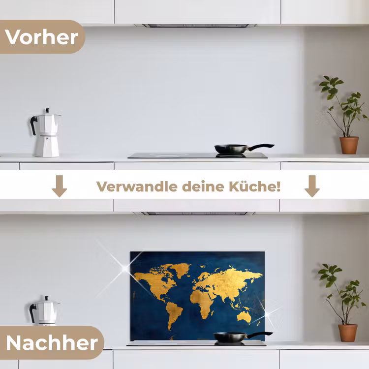 Wereldkaart - Goud - Donkerblauw keuken achterwand spatscherm klein -voor_na_DE