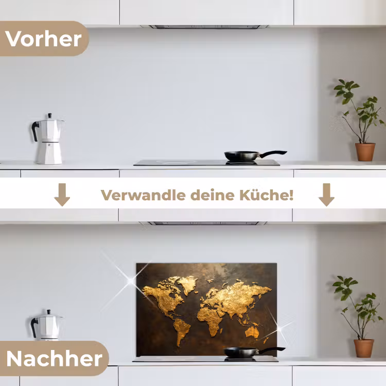 Wereldkaart - Goud - Roest keuken achterwand spatscherm klein -voor_na_DE