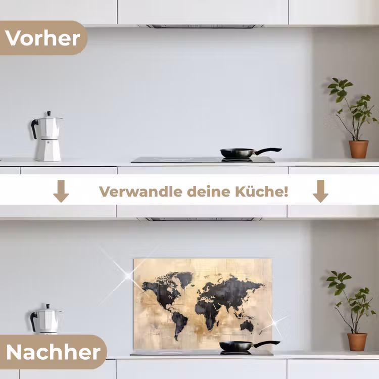 Wereldkaart - Goud - Zwart - Abstract keuken achterwand spatscherm klein -voor_na_DE