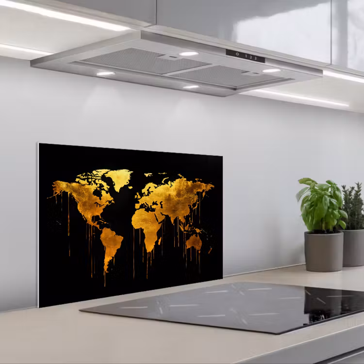 Wereldkaart - Goud - Druipen - Zwart keuken achterwand spatscherm klein -3d_schuin