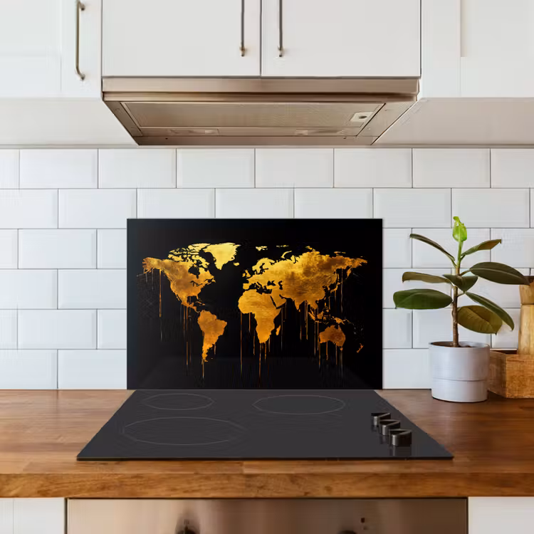 Wereldkaart - Goud - Druipen - Zwart keuken achterwand spatscherm klein -sfeer2