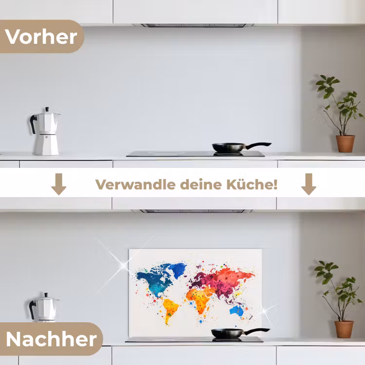 Wereldkaart - Graffiti - Kleurrijk keuken achterwand spatscherm klein -voor_na_DE