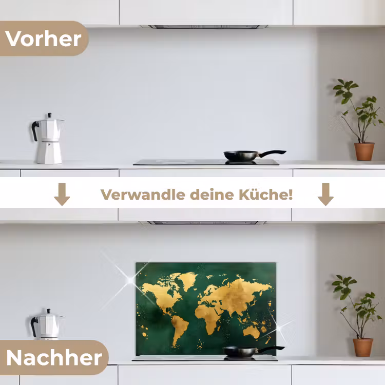 Wereldkaart - Groen - Goud keuken achterwand spatscherm klein -voor_na_DE