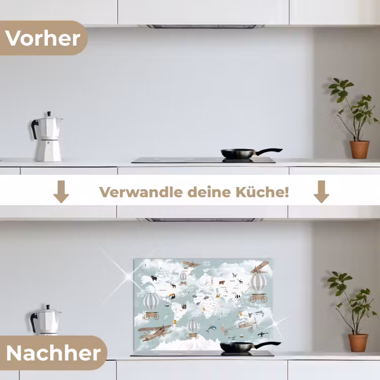 Wereldkaart - Kind - Vliegtuig keuken achterwand spatscherm klein -voor_na_DE