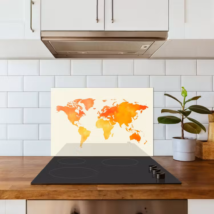 Wereldkaart - Oranje - Kleurrijk keuken achterwand spatscherm klein -sfeer2