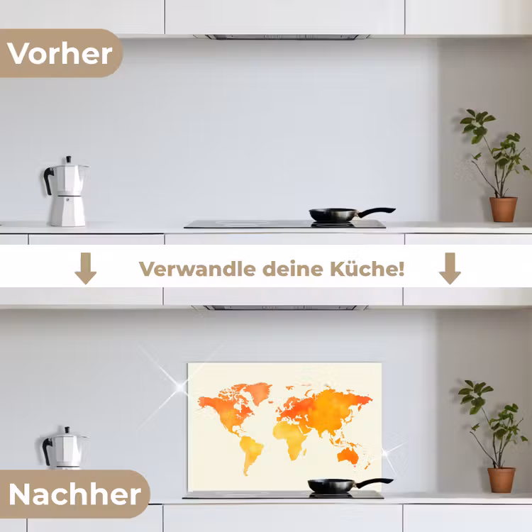 Wereldkaart - Oranje - Kleurrijk keuken achterwand spatscherm klein -voor_na_DE