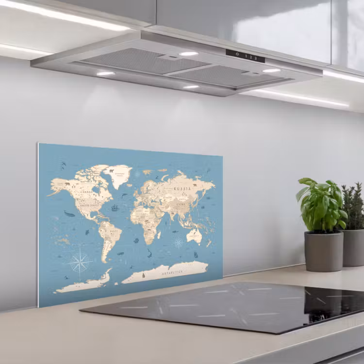 Wereldkaart - Oceaan - Realistisch - Blauw keuken achterwand spatscherm klein -3d_schuin