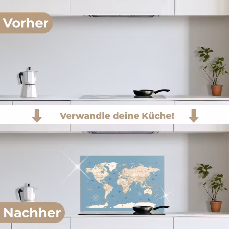 Wereldkaart - Oceaan - Realistisch - Blauw keuken achterwand spatscherm klein -voor_na_DE