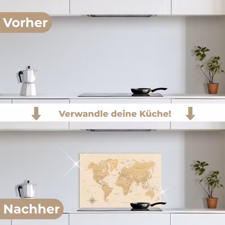 Wereldkaart - Realistisch - Beige keuken achterwand spatscherm klein -voor_na_DE