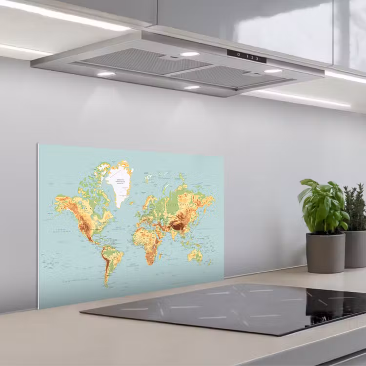 Wereldkaart - Realistisch - Blauw keuken achterwand spatscherm klein -3d_schuin