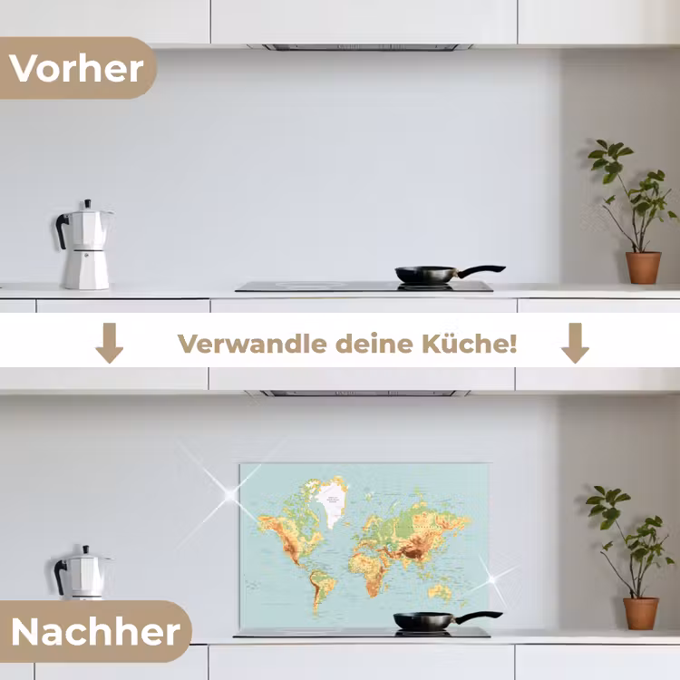 Wereldkaart - Realistisch - Blauw keuken achterwand spatscherm klein -voor_na_DE