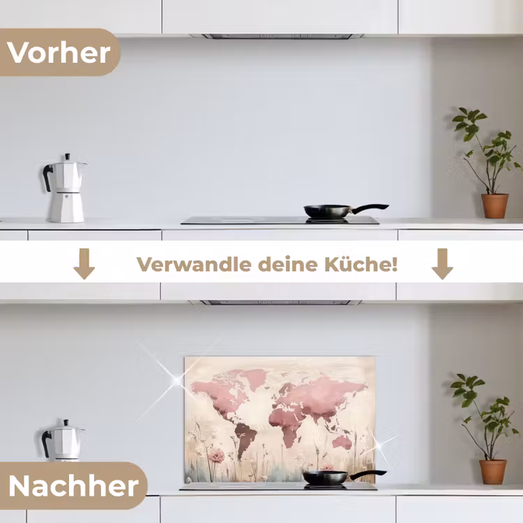 Wereldkaart - Roze - Bloemen keuken achterwand spatscherm klein -voor_na_DE