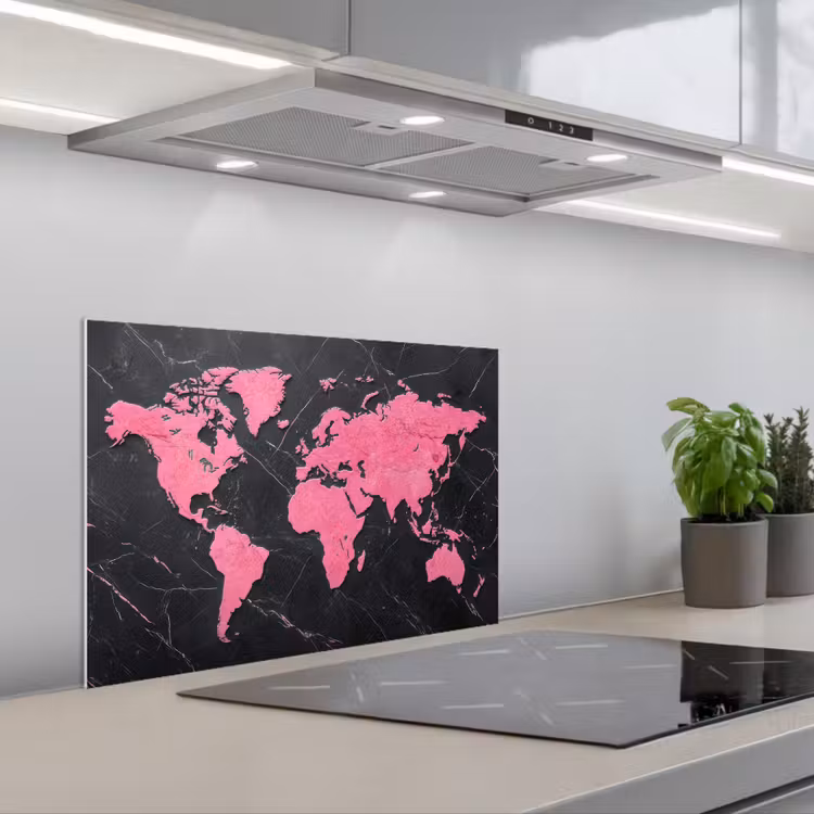 Wereldkaart - Roze - Marmer keuken achterwand spatscherm klein -3d_schuin