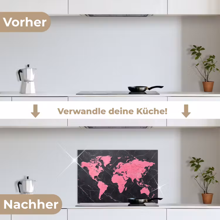 Wereldkaart - Roze - Marmer keuken achterwand spatscherm klein -voor_na_DE