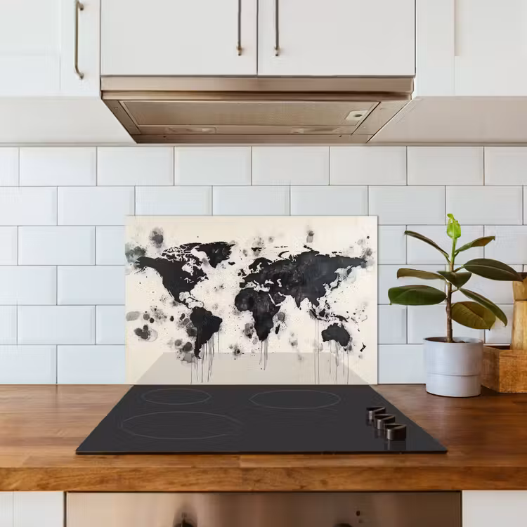 Wereldkaart - Zwart - Inkt keuken achterwand spatscherm klein -sfeer2
