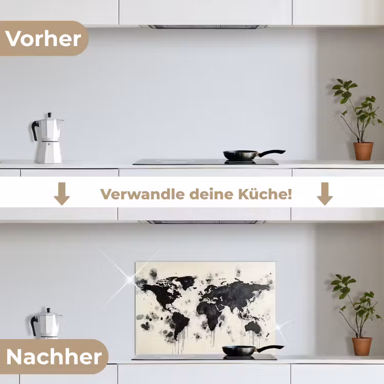 Wereldkaart - Zwart - Inkt keuken achterwand spatscherm klein -voor_na_DE