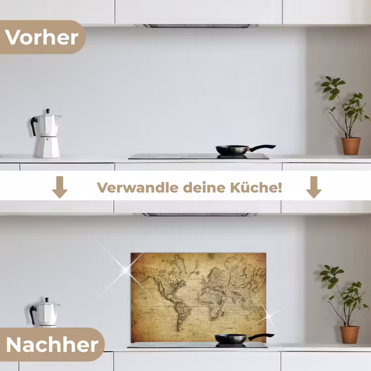 Wereldkaart - Vintage - Antiek - Bruin - Papier keuken achterwand spatscherm klein -voor_na_DE