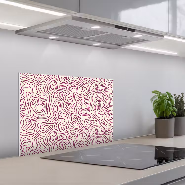 Kronkelende lijn - Magenta - Crème keuken achterwand spatscherm klein 900 -3d_schuin