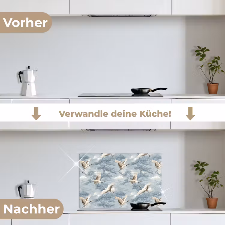 Wolken - Kraanvogels - Blauw keuken achterwand spatscherm klein 900 -voor_na_DE