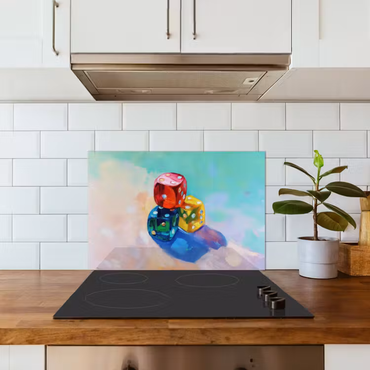 Dobbelstenen - Kleurrijk - Getallen - Stipjes keuken achterwand spatscherm klein -sfeer2
