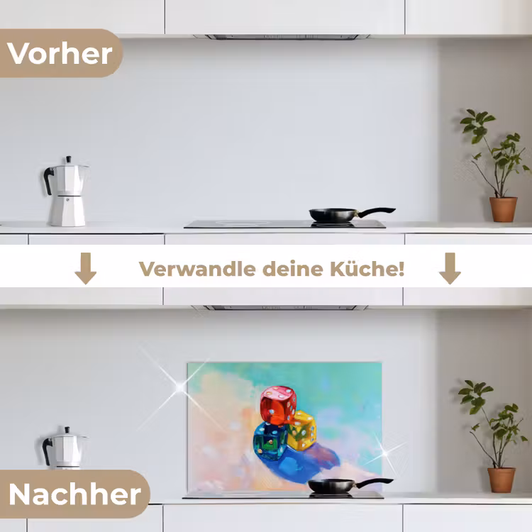 Dobbelstenen - Kleurrijk - Getallen - Stipjes keuken achterwand spatscherm klein -voor_na_DE
