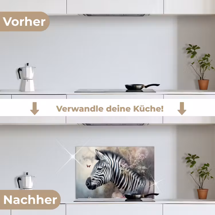 Zebra - Wilde dieren - Vlinder - Bloemen keuken achterwand spatscherm klein -voor_na_DE