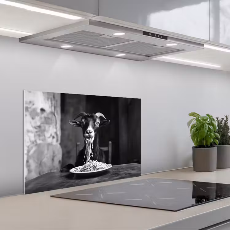 Geit - Bord - Spaghetti - Zwart Wit keuken achterwand spatscherm klein -3d_schuin