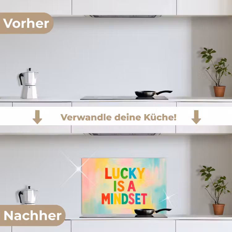 Quote - Lucky - Regenboogkleuren keuken achterwand spatscherm klein -voor_na_DE