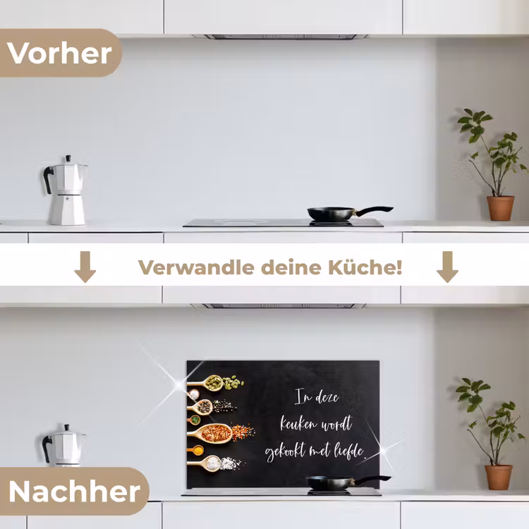 Quotes - Keuken - Spreuken - In deze keuken wordt gekookt met liefde - Liefde keuken achterwand spatscherm klein -voor_na_DE