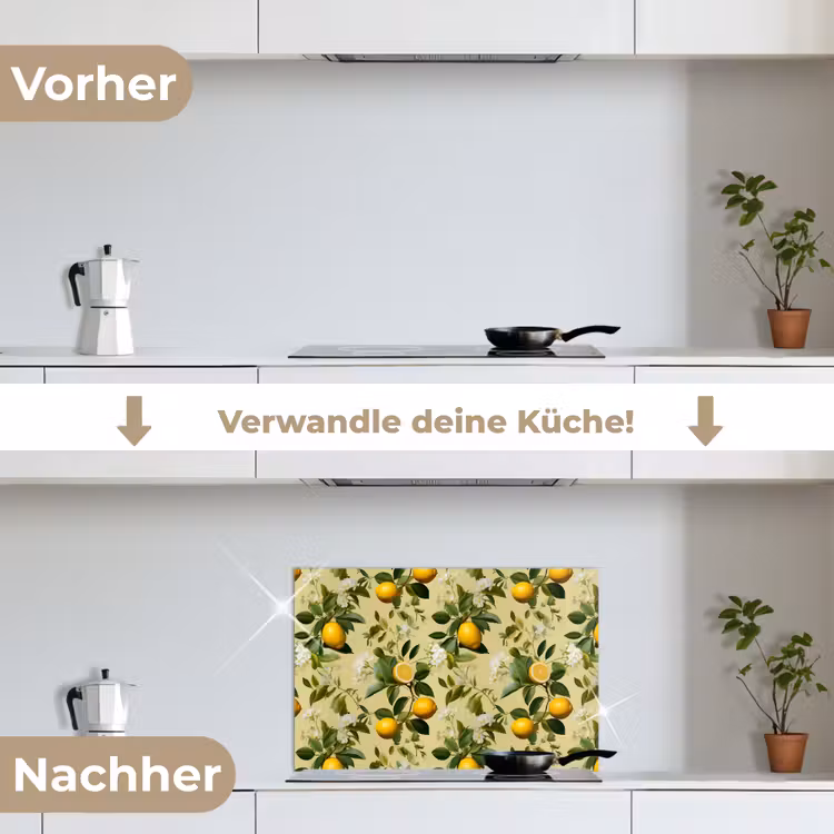 Citroen - Groen - Bloesem keuken achterwand spatscherm klein 900 -voor_na_DE