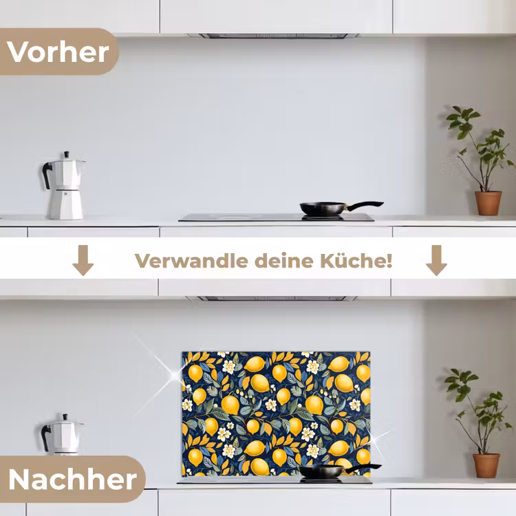 Citroenen - Bloemen - Bladeren - Blauw keuken achterwand spatscherm klein 900 -voor_na_DE