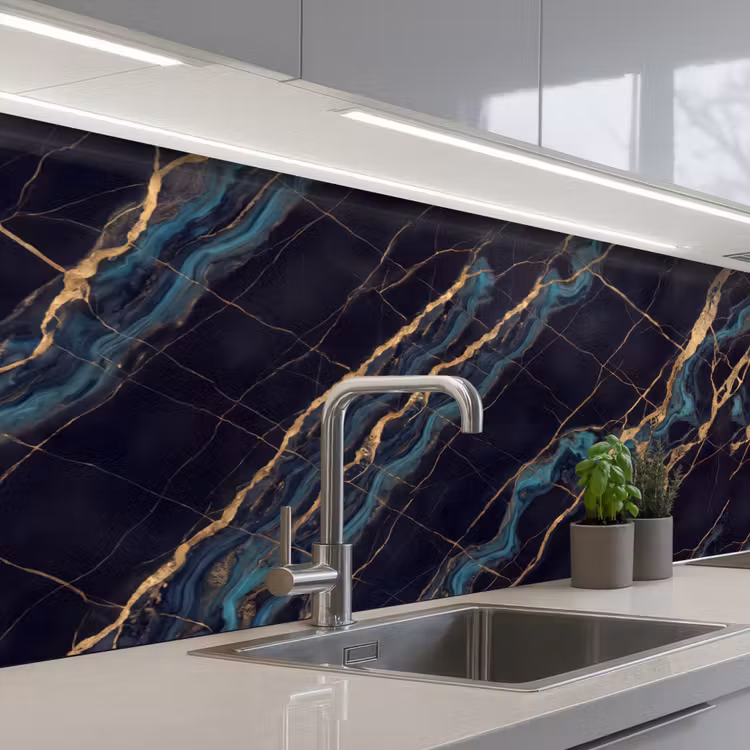 Abstract - Gouden lijnen - Kunst - Modern - Zwart keuken achterwand 2 middel -3d_schuin