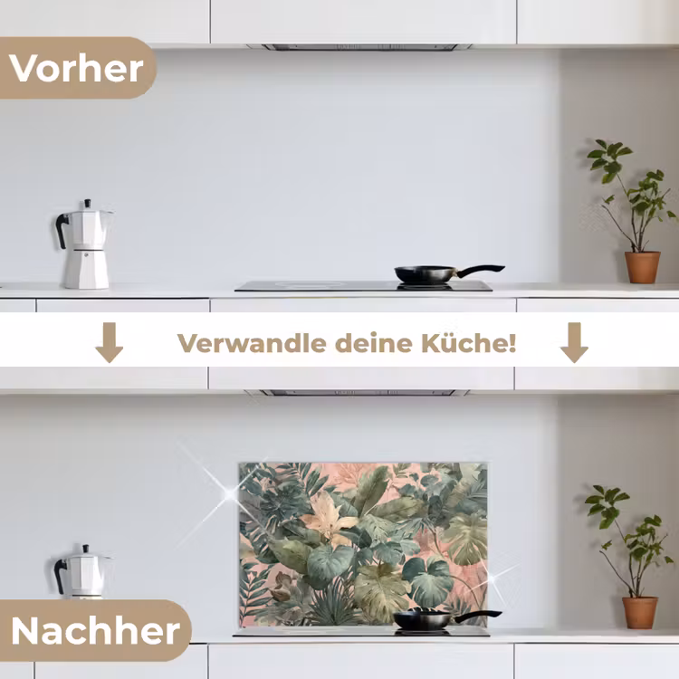 Compositie van bladeren - Groen - Roze keuken achterwand spatscherm klein -voor_na_DE