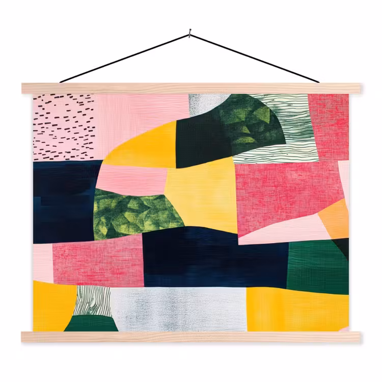 Abstract - Roze - Lappen - Vormen - Geel textielposter latten blank klein -3d