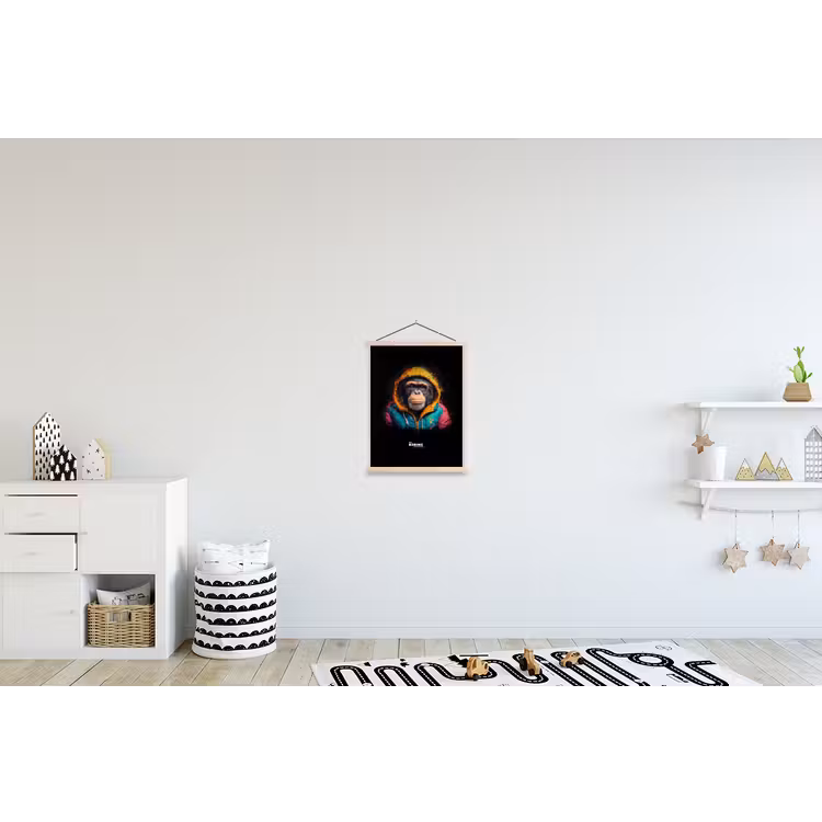 Aap met kleurrijk vest textielposter latten blank klein -kinderkamer