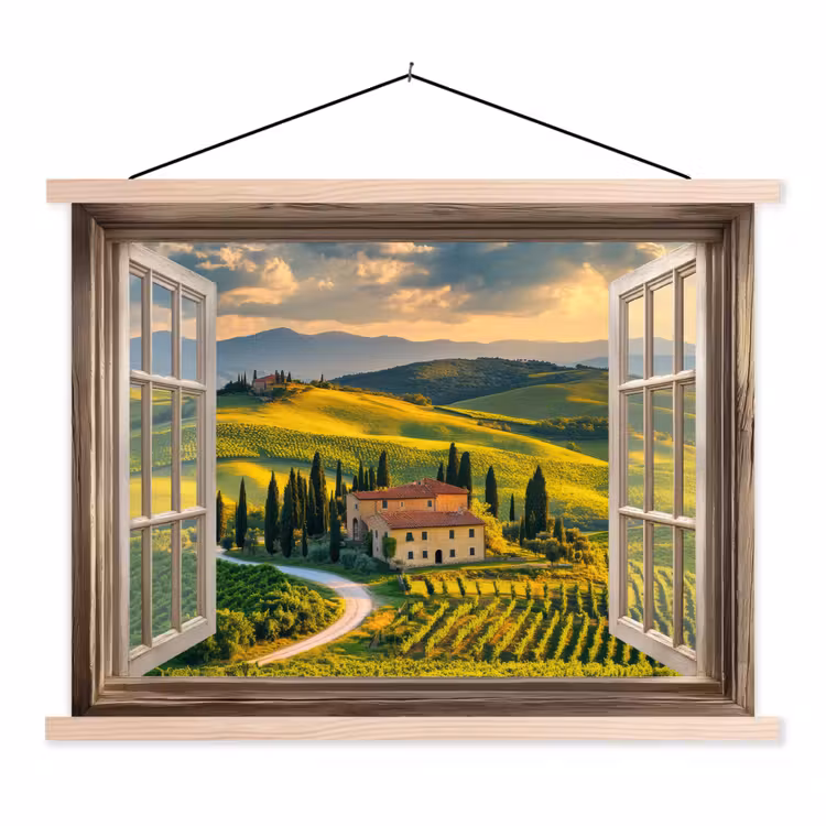 Doorkijk - Toscane - Uitzicht - Landschap - Zomer textielposter latten blank klein -3d