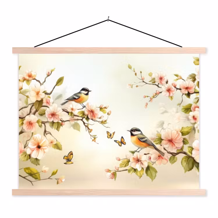 Takken - Bloemen - Vogeltjes - Roze textielposter latten blank klein -3d
