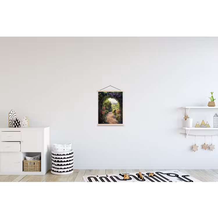 Doorkijk - Landschap - Bloemen - Tuinboog - Natuur textielposter latten blank klein -kinderkamer
