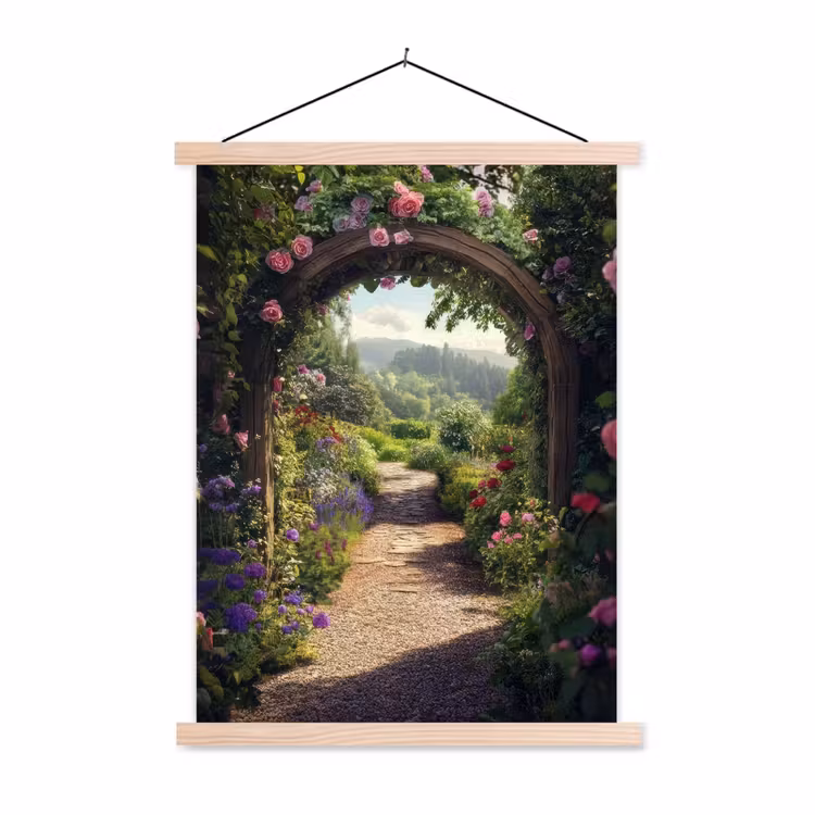 Doorkijk - Landschap - Bloemen - Rozenboog - Natuur textielposter latten blank klein -3d