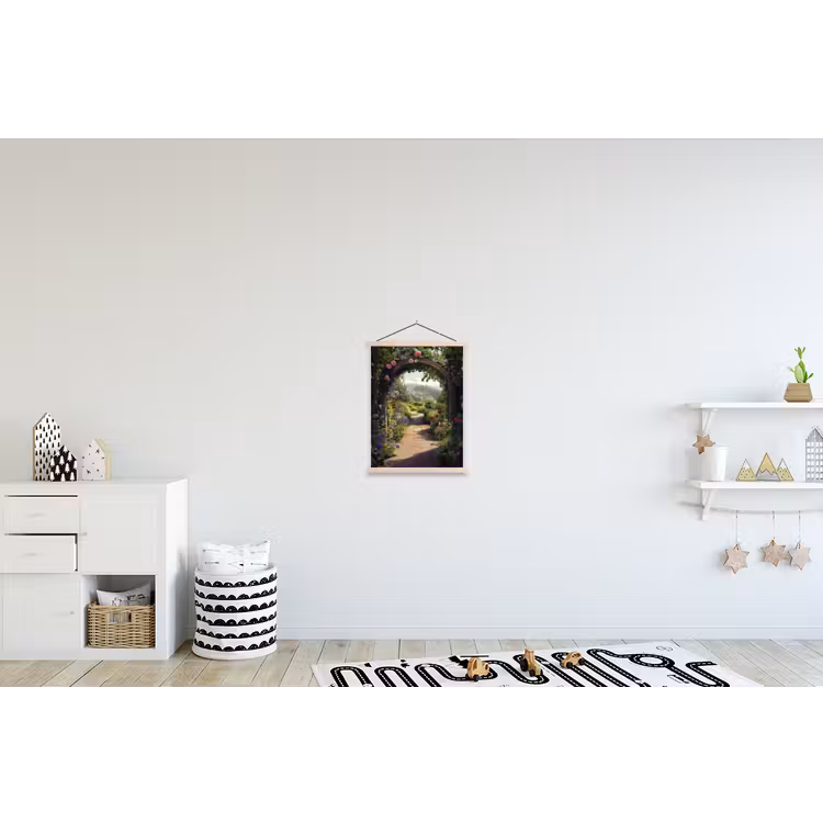 Doorkijk - Landschap - Bloemen - Rozenboog - Natuur textielposter latten blank klein -kinderkamer
