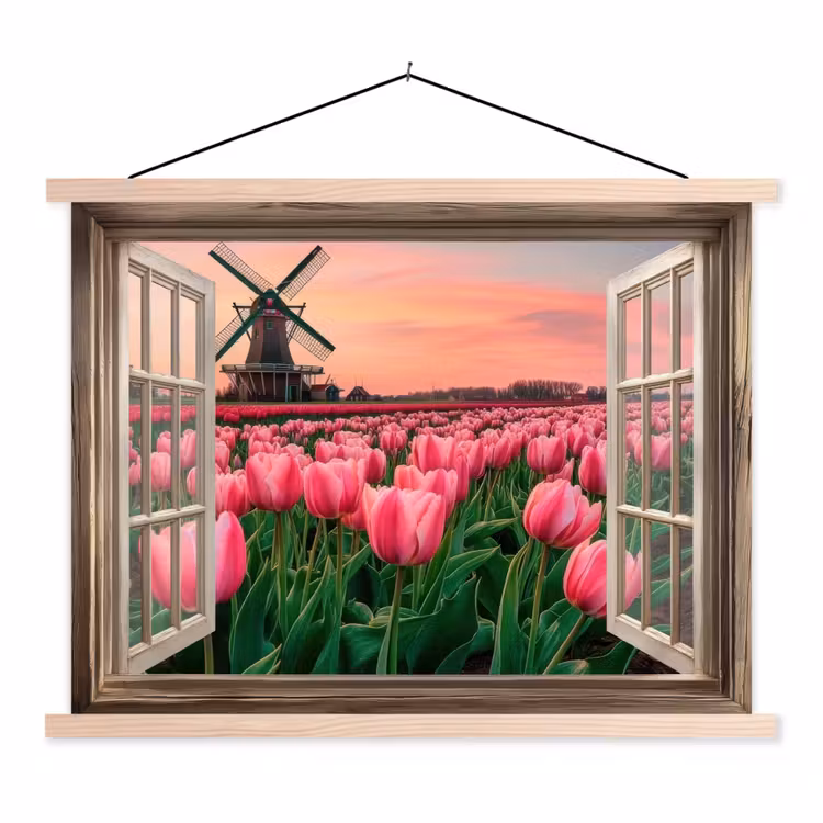Doorkijk - Tulpen - Bloemen - Molen - Raam textielposter latten blank klein -3d