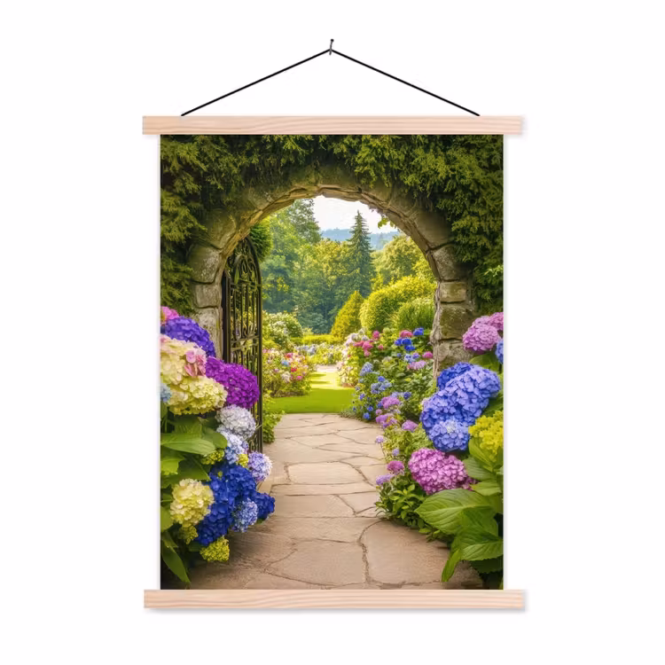 Doorkijk - Poort - Hortensia - Bloementuin textielposter latten blank klein -3d