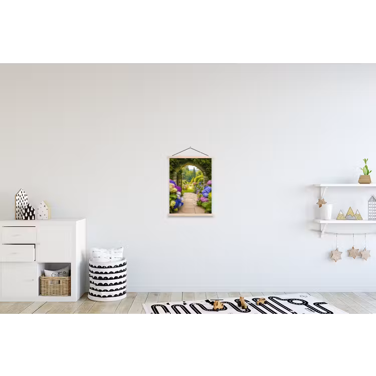 Doorkijk - Poort - Hortensia - Bloementuin textielposter latten blank klein -kinderkamer