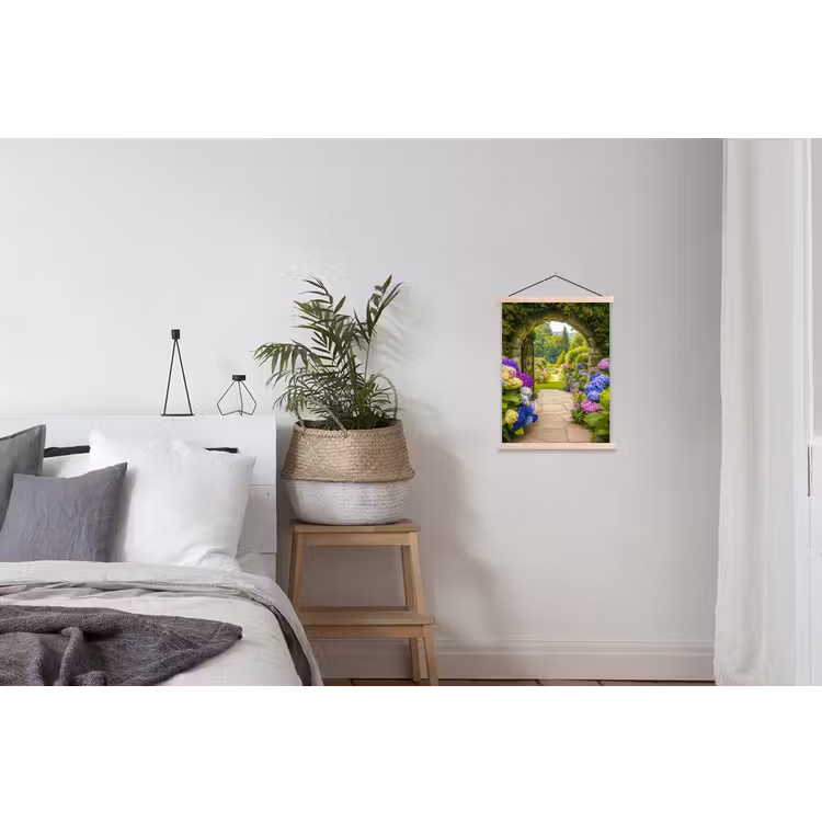 Doorkijk - Poort - Hortensia - Bloementuin textielposter latten blank klein -woonkamer