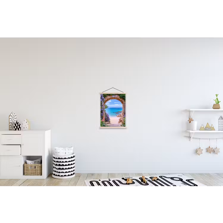 Doorkijk - Poort - Zee - Strand - Rotsen textielposter latten blank klein -kinderkamer