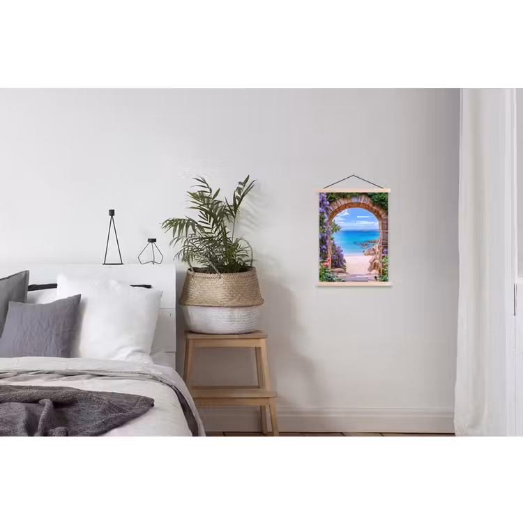 Doorkijk - Poort - Zee - Strand - Rotsen textielposter latten blank klein -woonkamer
