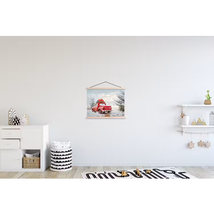 Auto - Rood - Cadeaus - Winter - Sneeuw - Kerst textielposter latten blank klein -kinderkamer