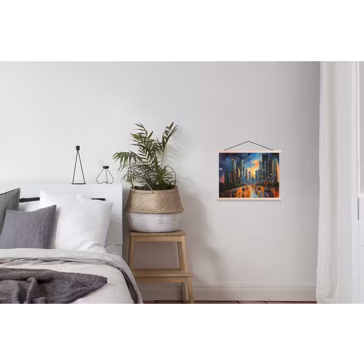 Auto - Skyline - Zon - Blauw textielposter latten blank klein -woonkamer