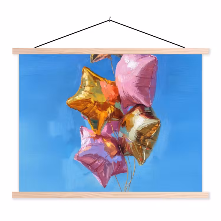 Ballonnen - Goud - Stervorm - Roze textielposter latten blank klein -3d